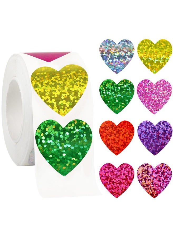 ZYLOP 1 Inch Glitter Heart Stickers - 500Pcs Foil Colorful Heart Shaped Stickers Roll for Kids Reward Classroom Supplies Self Adhesive Love Incentive Sticker for Envelope Seal Valentines Birthday Wedding - Image 1