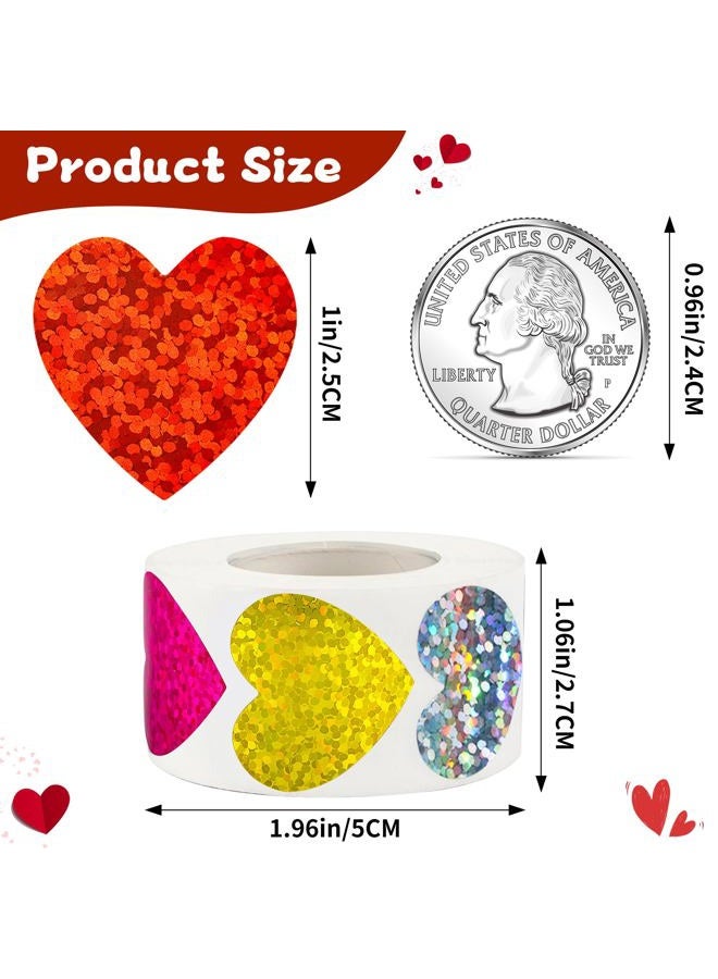 ZYLOP 1 Inch Glitter Heart Stickers - 500Pcs Foil Colorful Heart Shaped Stickers Roll for Kids Reward Classroom Supplies Self Adhesive Love Incentive Sticker for Envelope Seal Valentines Birthday Wedding - Image 2