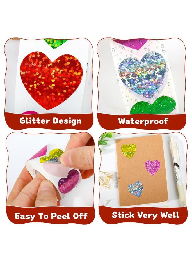ZYLOP 1 Inch Glitter Heart Stickers - 500Pcs Foil Colorful Heart Shaped Stickers Roll for Kids Reward Classroom Supplies Self Adhesive Love Incentive Sticker for Envelope Seal Valentines Birthday Wedding - Image 3