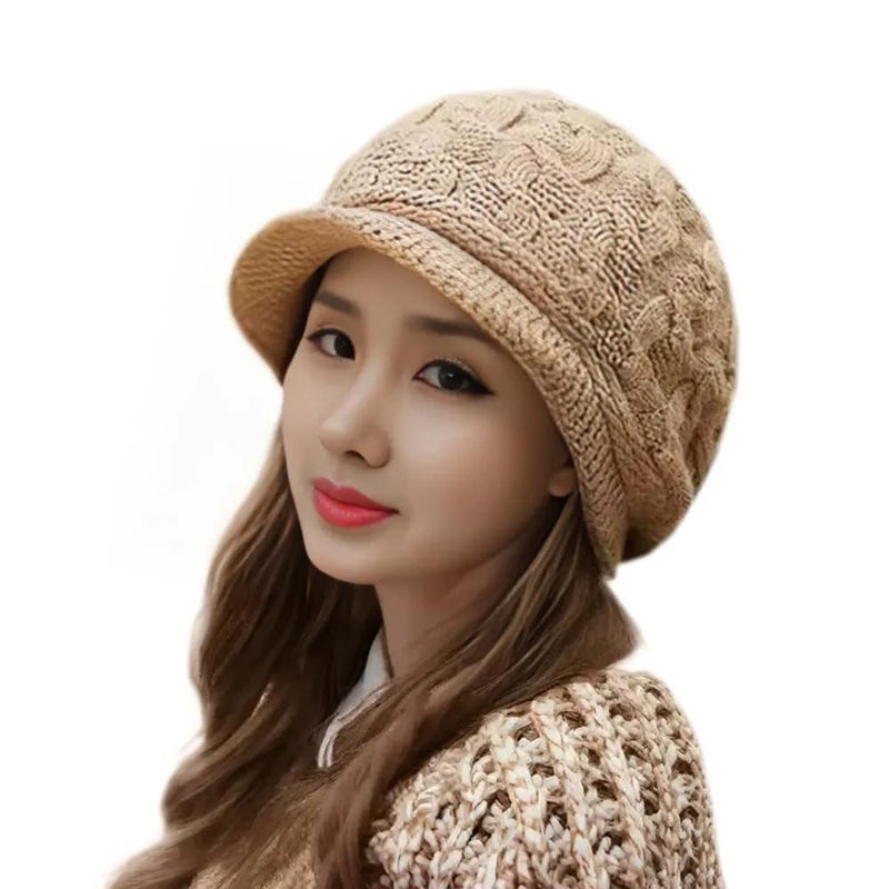 XYX Women's Winter Wool Lined Elastic Knitted Hat Visor Beanie Trendy Warm Hat (US, Alpha, One Size, Khaki) - Image 1