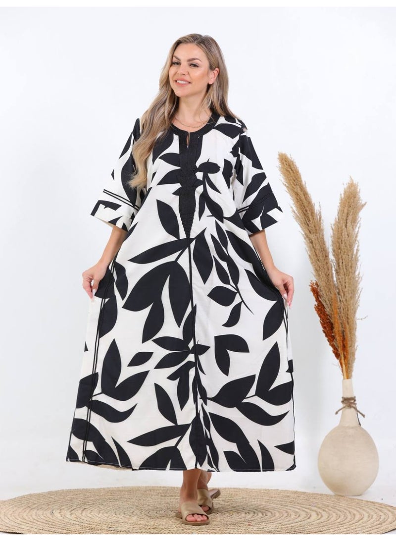 افندينا  جلابية كتان حائر  بلمسة فنية مستوحاة من الطبيعة A-633 - Image 1