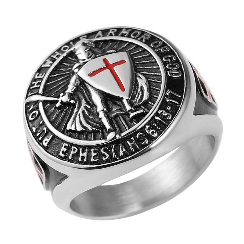 HZMAN Knights Templar Put On The Whole Armor of God Ephesians 6:13-17 Red Cross Design Men's Stainless Steel Ring - Image 1