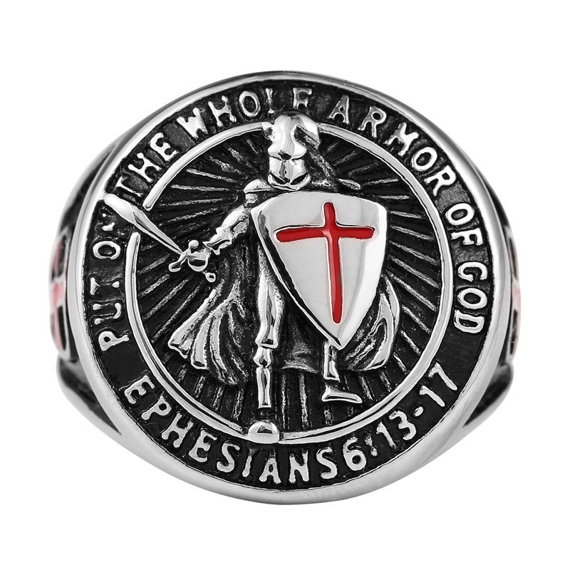 HZMAN Knights Templar Put On The Whole Armor of God Ephesians 6:13-17 Red Cross Design Men's Stainless Steel Ring - Image 3