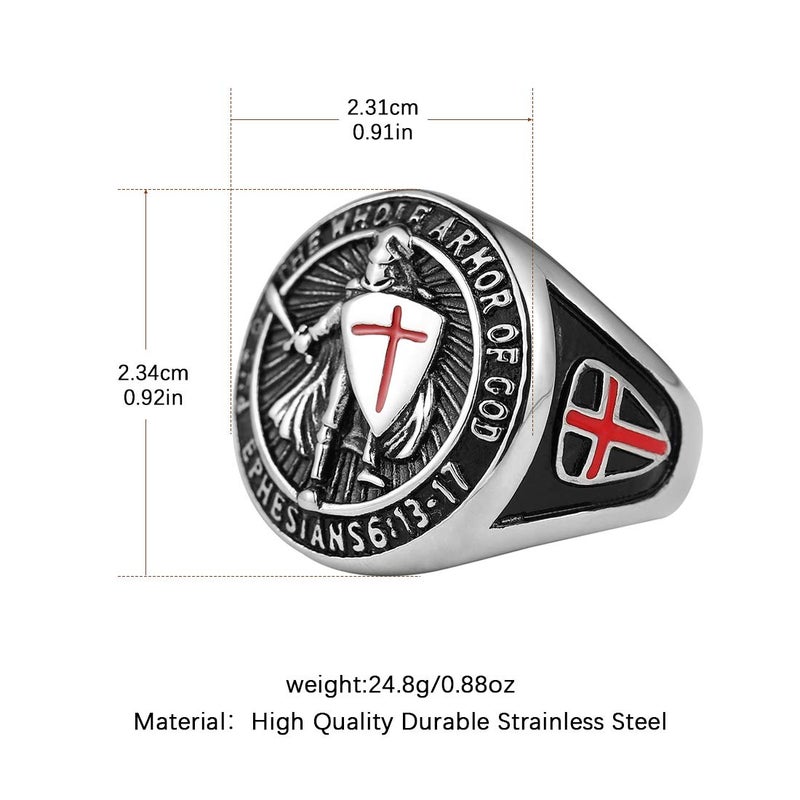 HZMAN Knights Templar Put On The Whole Armor of God Ephesians 6:13-17 Red Cross Design Men's Stainless Steel Ring - Image 2