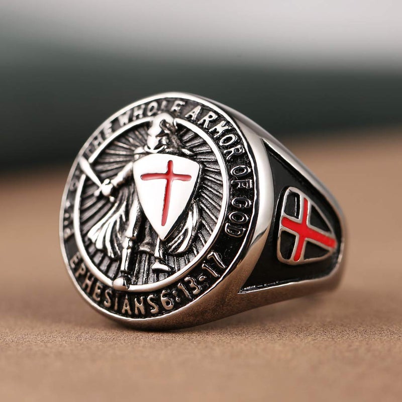 HZMAN Knights Templar Put On The Whole Armor of God Ephesians 6:13-17 Red Cross Design Men's Stainless Steel Ring - Image 5