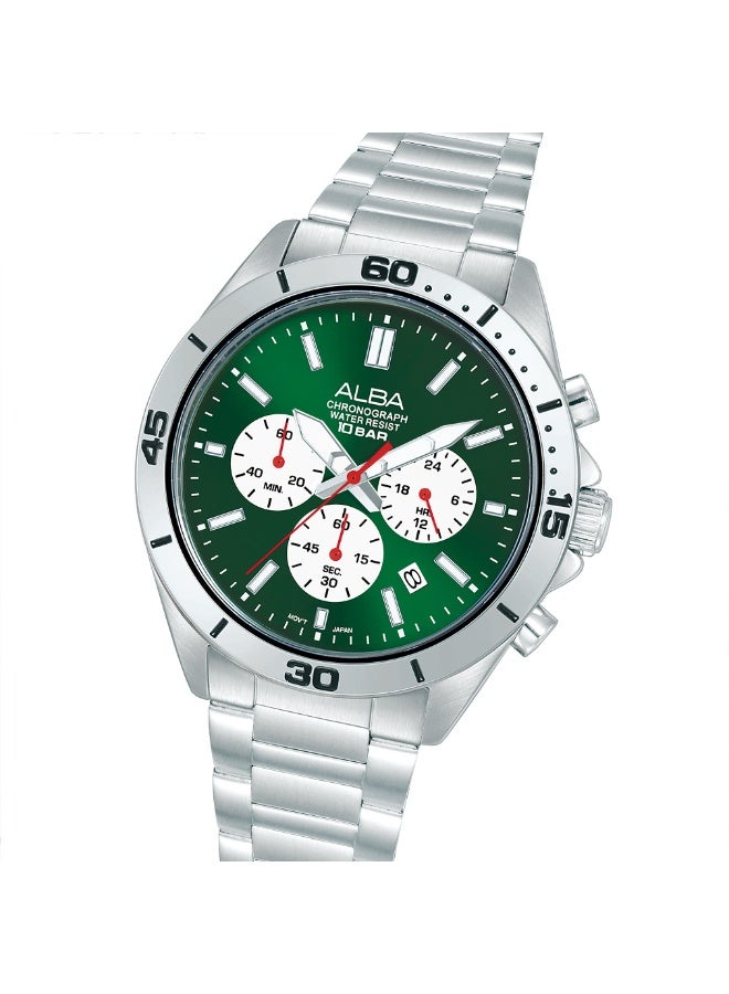 Alba Active Chronograph Men’s Watch AT3K77X1, 43 mm Green & White Dial, Stainless Steel Case & Bracelet, 100 m WR - Image 3
