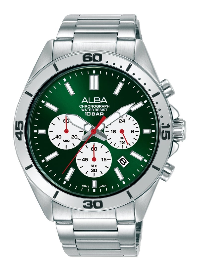 Alba Active Chronograph Men’s Watch AT3K77X1, 43 mm Green & White Dial, Stainless Steel Case & Bracelet, 100 m WR - Image 1