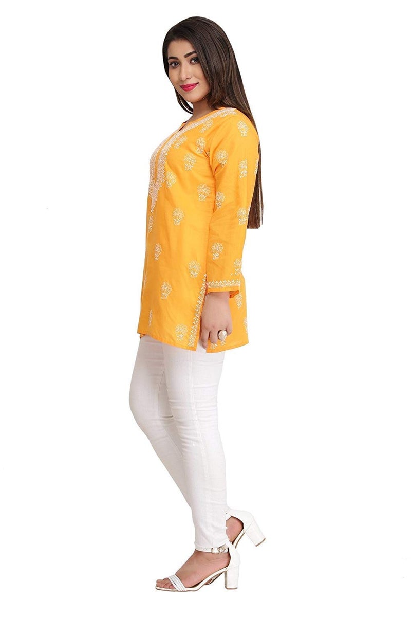 Ada Women's Cotton Top Tunic Hand Embroidered Lucknowi Chikankari Short Regular Fit Kurti A210866 Mustard (XL) - Image 4