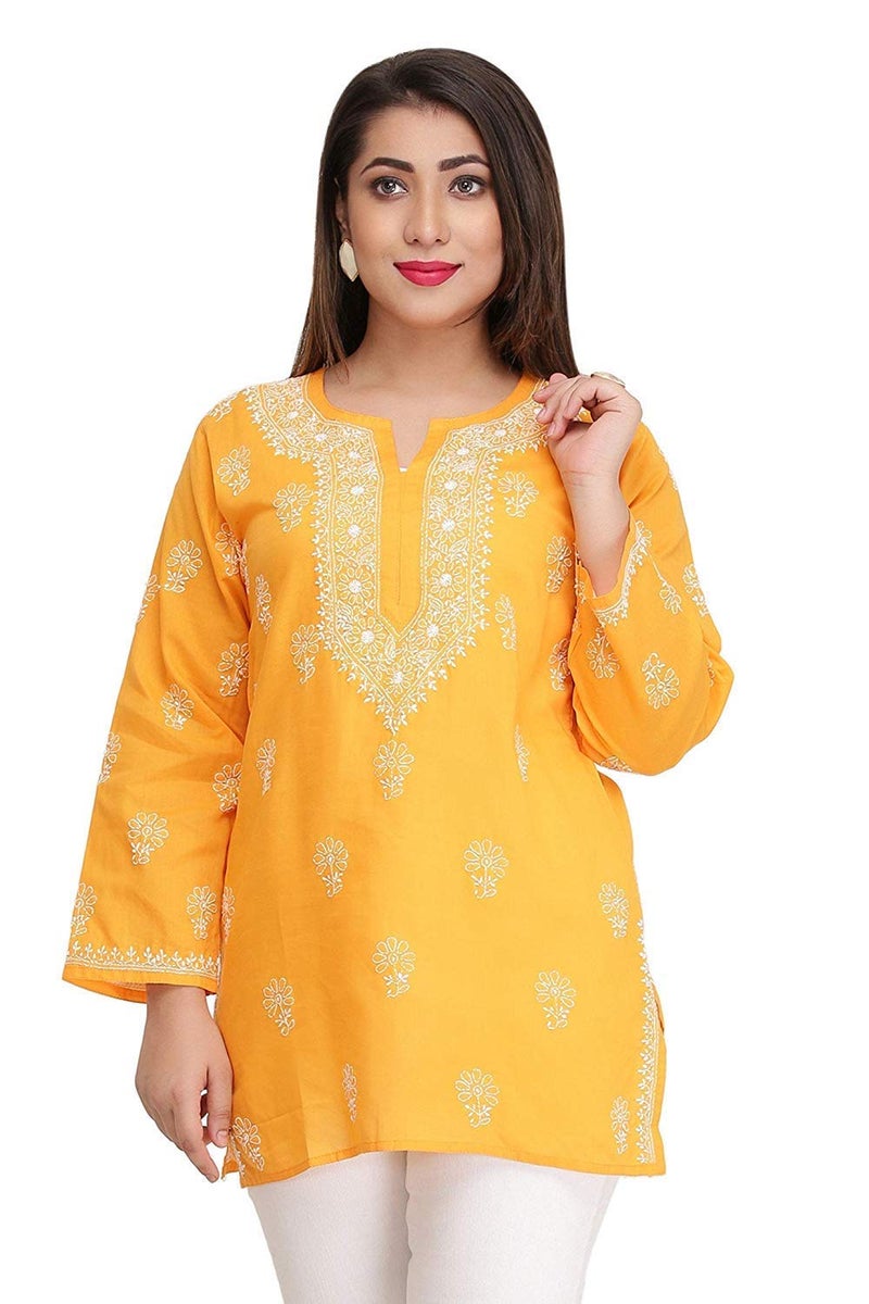 Ada Women's Cotton Top Tunic Hand Embroidered Lucknowi Chikankari Short Regular Fit Kurti A210866 Mustard (XL) - Image 1