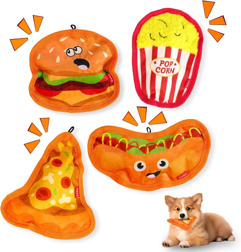 4 Pack No Stuffing Squeaky Dog Toys - Interactive Food-Shaped Plush Chew Toys - Image 1