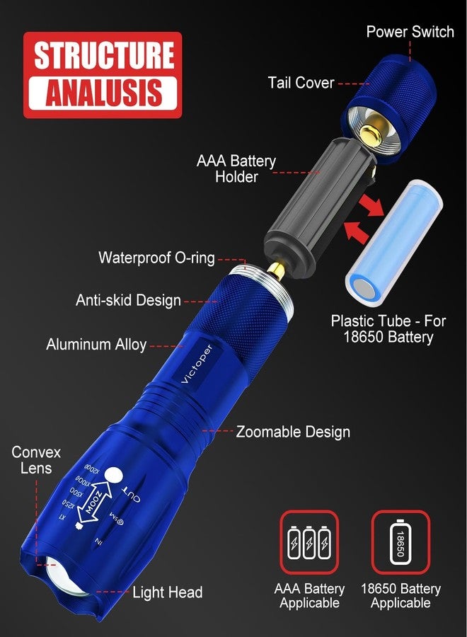 Victoper LED Flashlight 2 Pack Blue, Bright High Lumens Tactical Flashlights High Lumens with 5 Modes, Waterproof Zoomable Flash Light for Outdoor, Gifts for Father's Day Camping Essentials Gear - Image 2