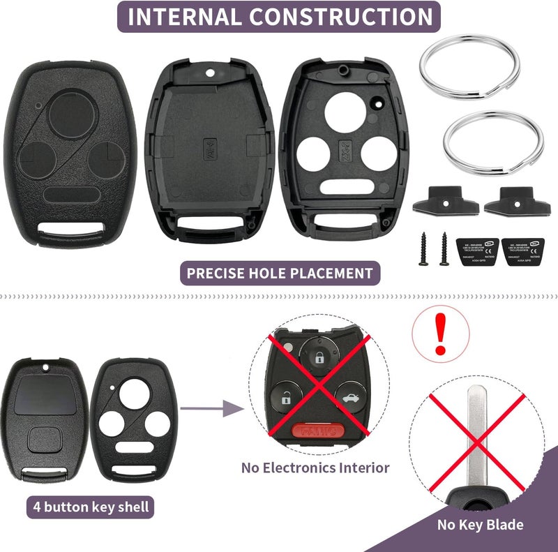 2 Packs of Car Key Fob Replacement Covers for Honda Accord 2003-2012 / Civic EX 2006-2013 / Pilot 2009-2015 / CR-V 2005-2006, 4 Buttons, Car Keyless Entry Remote - Image 2
