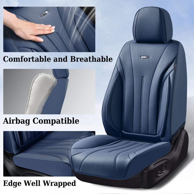 Coverado Leather Seat Covers, 5 Seats Waterproof Seat Covers for Cars, Front and Rear Seat Cover, Luxury Car Seat Protectors, Universal Car Seat Cushions Automotive Accessories Fit for Most Cars, Navy - Image 3