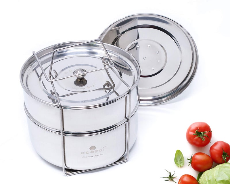 Ecozoi Premium Extra Deep Stackable Steamer Insert Pans Pot in Pot Compatible with Instant Pot 6, 8 Quart Instant Pot Accessories - 2 Tier | Interchangeable Lids | 5 Additional Mini Cups for Baking - Image 1