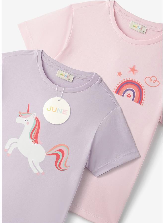 جون تيشيرتات قطنية بطبعات للبنات - وردي فاتح وليلكي (عبوة من قطعتين) - Image 4