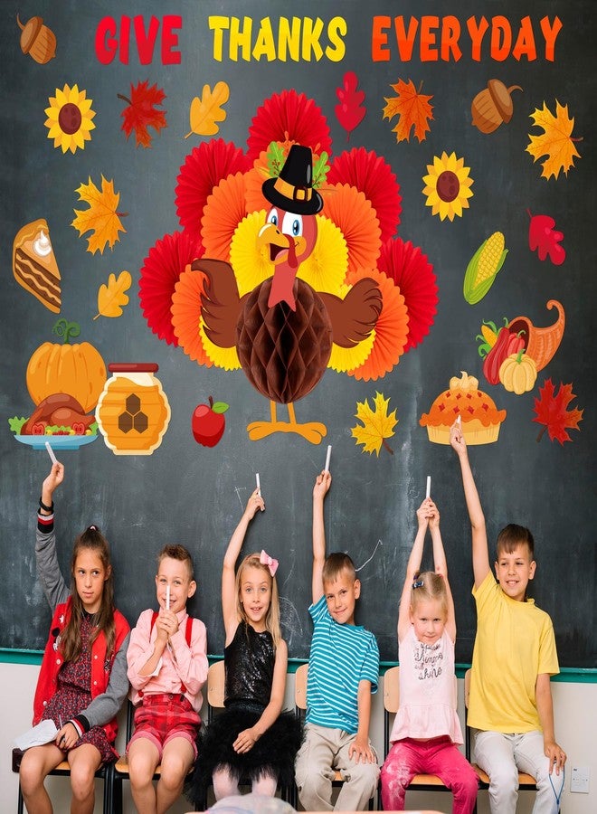 80UncleKimby Thanksgiving Fall Bulletin Board Decorations - 3D Honeycomb Turkey and Pumpkin “Give Thanks Every Day” Paper Cutouts Set for School, Classroom, Autumn Wall Door - Image 2