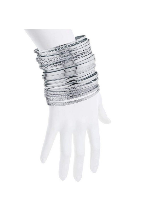 Lux Accessories Silver Tone Multi Textured And Smooth Aztec Bangle Set  - Image 3