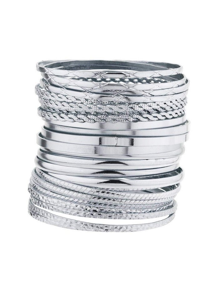 Lux Accessories Silver Tone Multi Textured And Smooth Aztec Bangle Set  - Image 1
