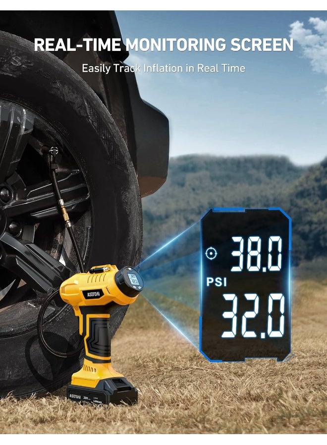 AstroAI Cordless Tire Inflator Air Compressor 20V Rechargeable Battery Powered 160PSI Portable Air Pump with 12V Car Power Adapter Digital Pressure Gauge for Cars Motorcycles JY16P160-18（C2）Yellow for Gifts - Image 5