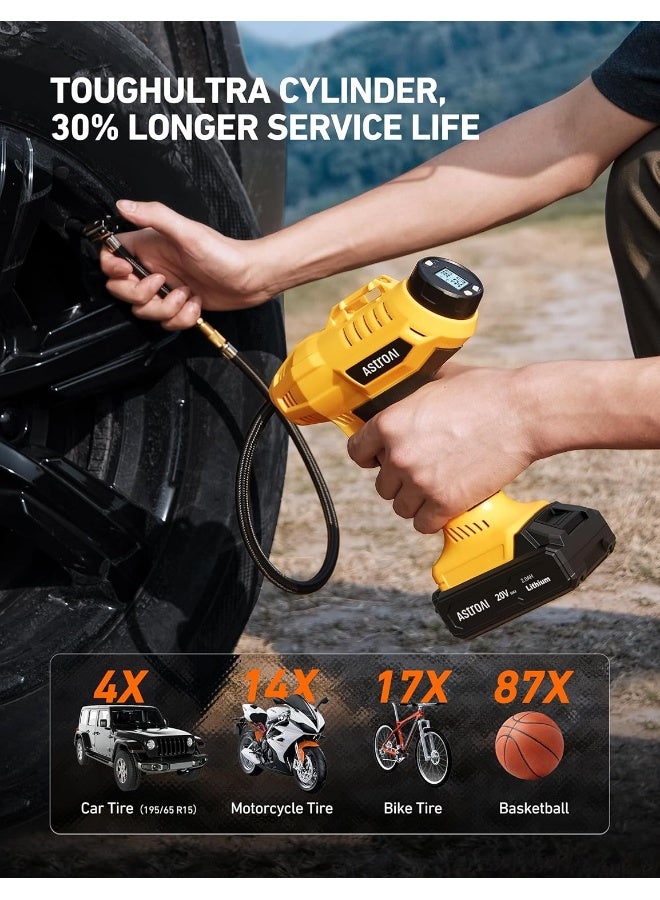 AstroAI Cordless Tire Inflator Air Compressor 20V Rechargeable Battery Powered 160PSI Portable Air Pump with 12V Car Power Adapter Digital Pressure Gauge for Cars Motorcycles JY16P160-18（C2）Yellow for Gifts - Image 3