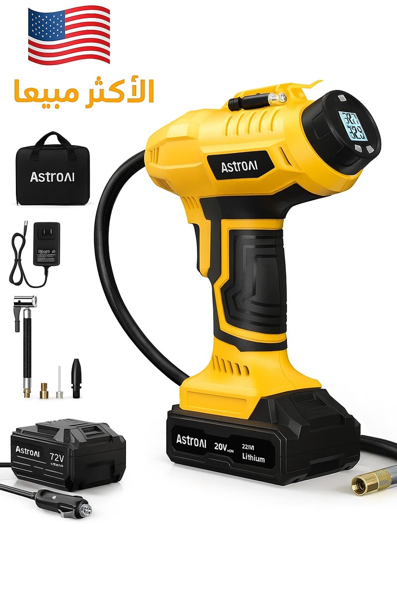 AstroAI Cordless Tire Inflator Air Compressor 20V Rechargeable Battery Powered 160PSI Portable Air Pump with 12V Car Power Adapter Digital Pressure Gauge for Cars Motorcycles JY16P160-18（C2）Yellow for Gifts - Image 1