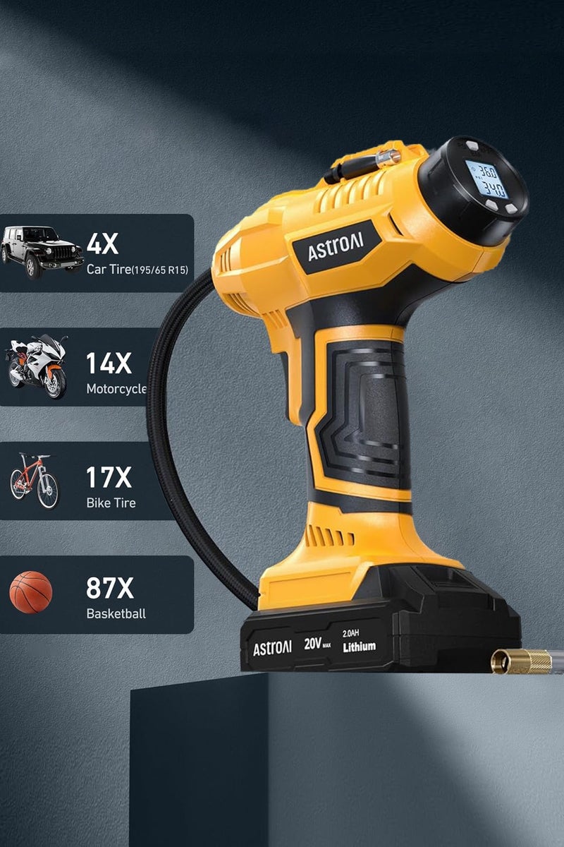 AstroAI Cordless Tire Inflator Air Compressor 20V Rechargeable Battery Powered 160PSI Portable Air Pump with 12V Car Power Adapter Digital Pressure Gauge for Cars Motorcycles JY16P160-18（C2）Yellow for Gifts - Image 2