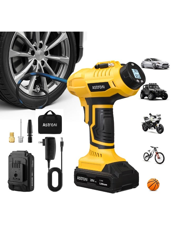 AstroAI Cordless Tire Inflator Air Compressor 20V Rechargeable Battery Powered 160PSI Portable Air Pump with 12V Car Power Adapter Digital Pressure Gauge for Cars Motorcycles JY16P160-18（C2）Yellow for Gifts - Image 1