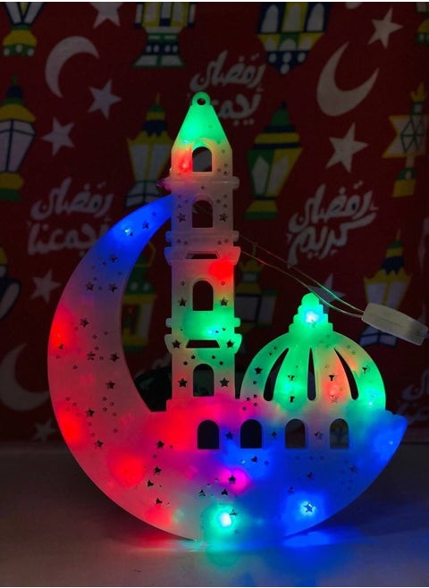 Ramadan illuminated , crescent moon and mosque, white plastic LED with wire, cocktail light with plug, size: 24*30 cm, small size