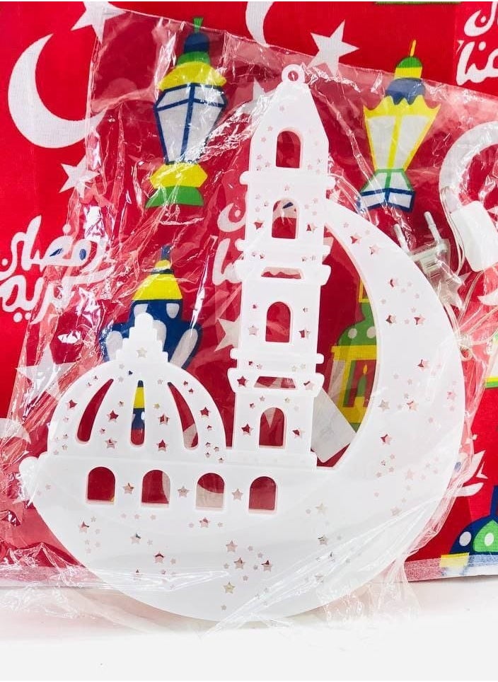 Generic - Ramadan illuminated , crescent moon and mosque, white plastic LED with wire, cocktail light with plug, size: 24*30 cm, small size - Image 1