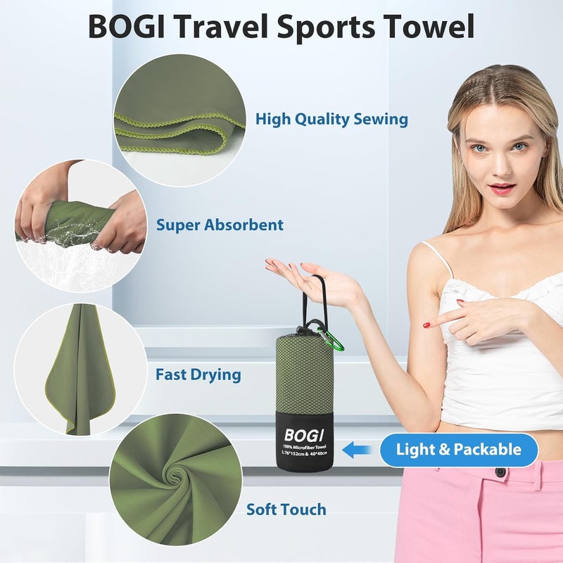 BOGI منشفة سفر رياضية من الألياف الدقيقة BOGI - منشفة سفر سريعة الجفاف، ناعمة وخفيفة، ماصة ومدمجة للتخييم والجيم والشاطئ والحمام واليوجا والسباحة والتنزه (L:60''x30''+16''x16''-أخضر تفاحي) مغلق ومفتوح - Image 4