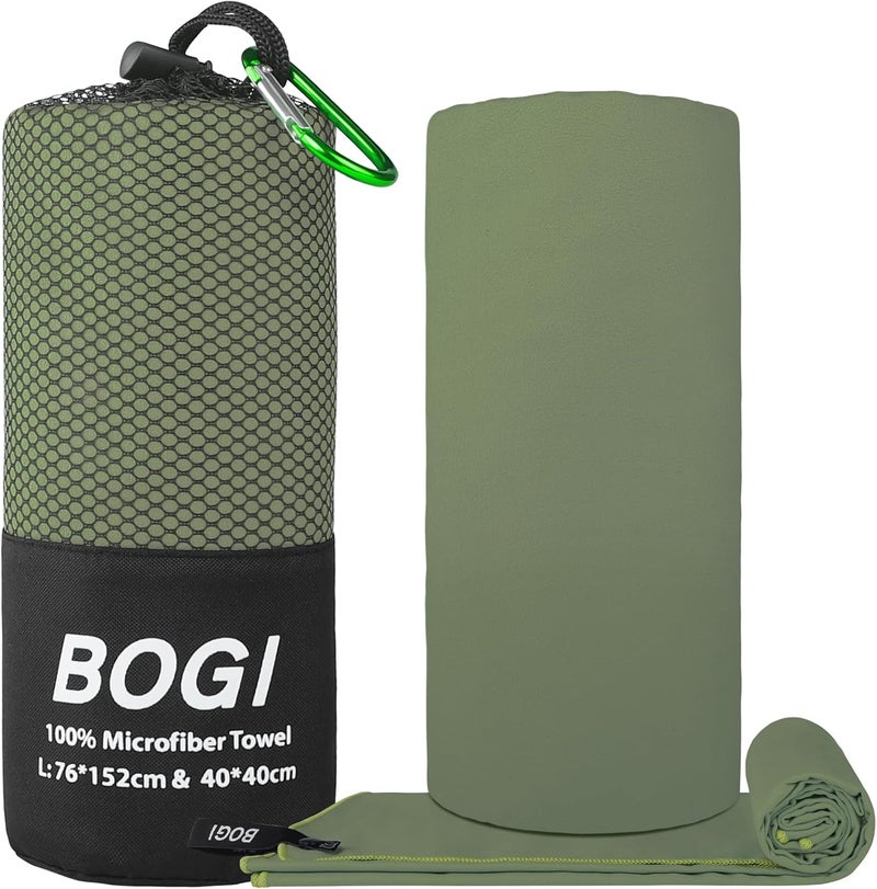 BOGI منشفة سفر رياضية من الألياف الدقيقة BOGI - منشفة سفر سريعة الجفاف، ناعمة وخفيفة، ماصة ومدمجة للتخييم والجيم والشاطئ والحمام واليوجا والسباحة والتنزه (L:60''x30''+16''x16''-أخضر تفاحي) مغلق ومفتوح - Image 2
