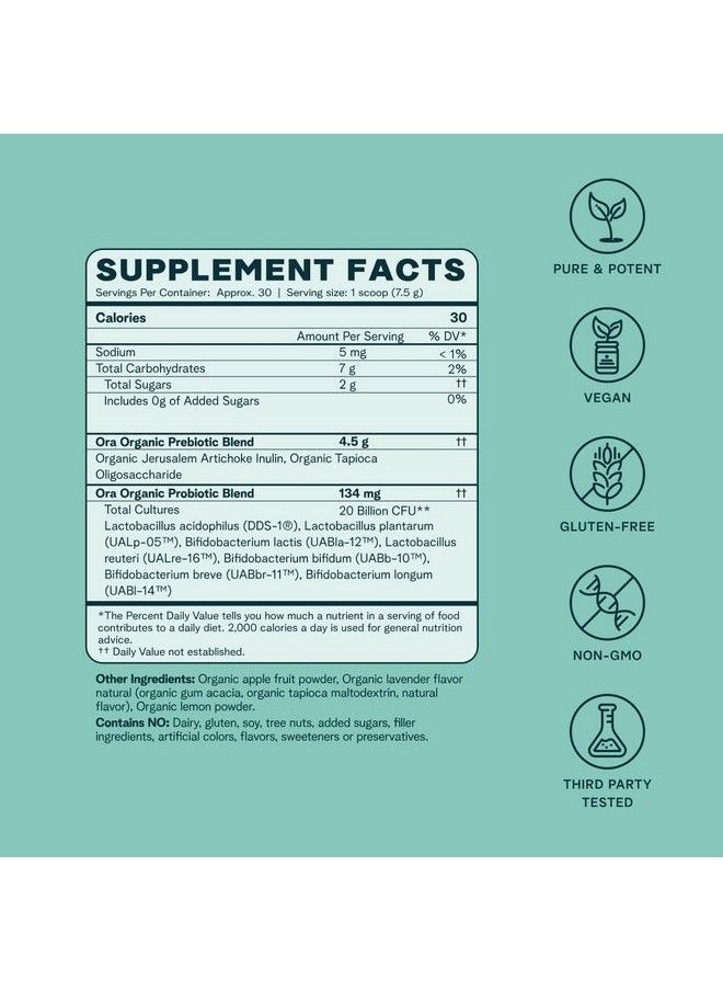 Ora Organic - Prebiotic And Probiotic Powder Supplement 20 Billion Probiotics 7 Strains For Best Prebiotic Powder Nongmo Probiotics For Women Men & Kids Lavender Lemonade Flavor 30 Servings - Image 1