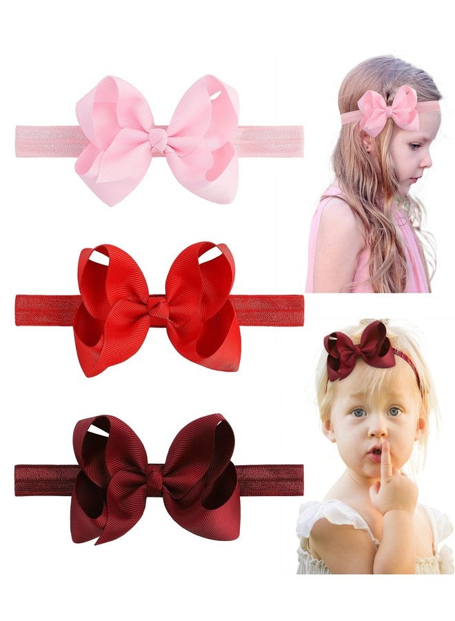 jollybows Hairband - 3 PCS 4" Baby Girls Headbands Boutique Grosgrain Ribbon Hair Bows for Baby Girls Infants Toddler Kids Teens and Children - Pink, Red, Burgundy - Image 1