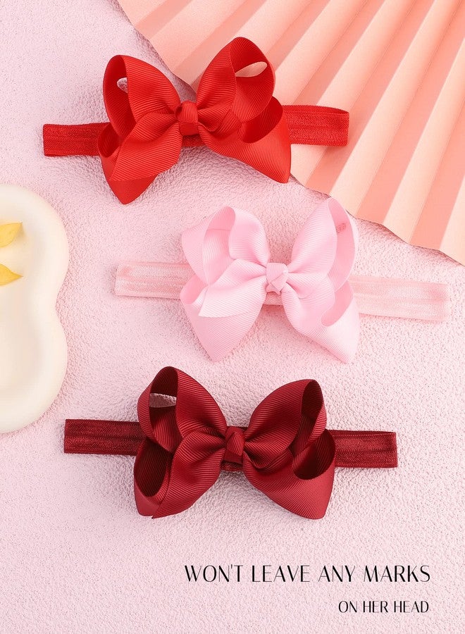 jollybows Hairband - 3 PCS 4" Baby Girls Headbands Boutique Grosgrain Ribbon Hair Bows for Baby Girls Infants Toddler Kids Teens and Children - Pink, Red, Burgundy - Image 5