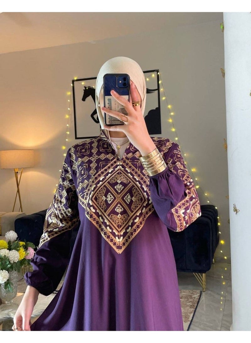 Women's cotton abaya (for going out and receiving guests) with luxurious geometric embroidery - Image 3