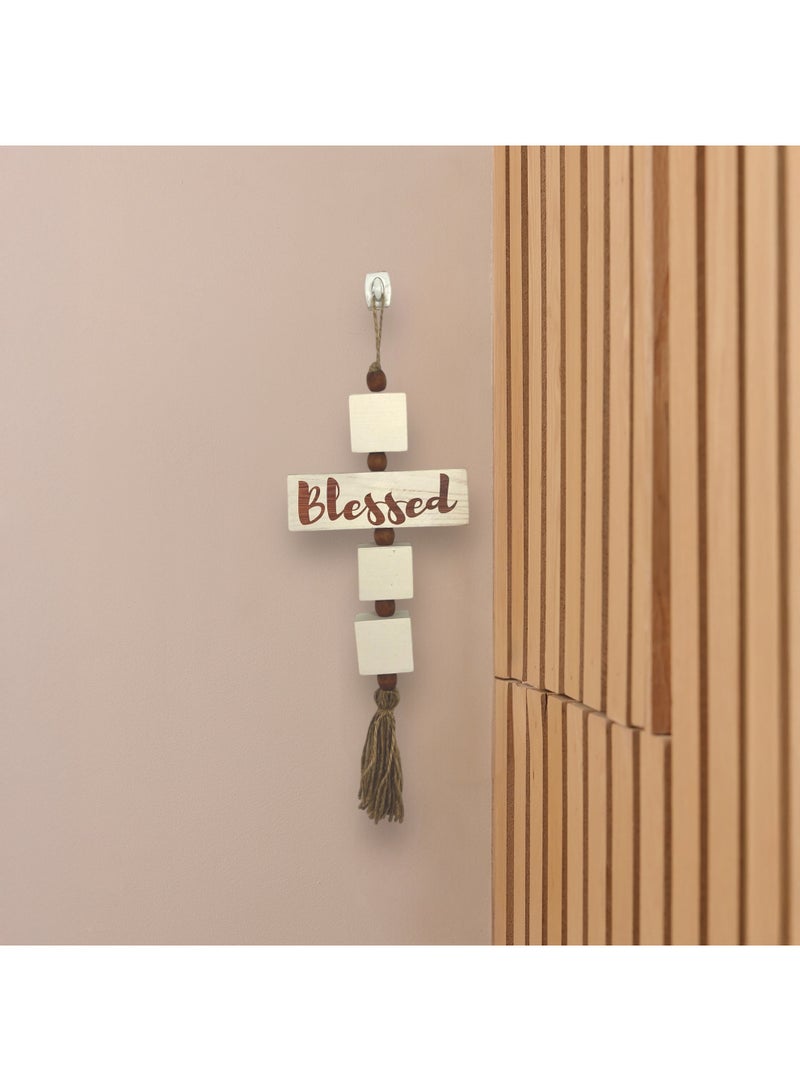 Blessed Cross White Wooden Wall Hanging with Jute Tassel