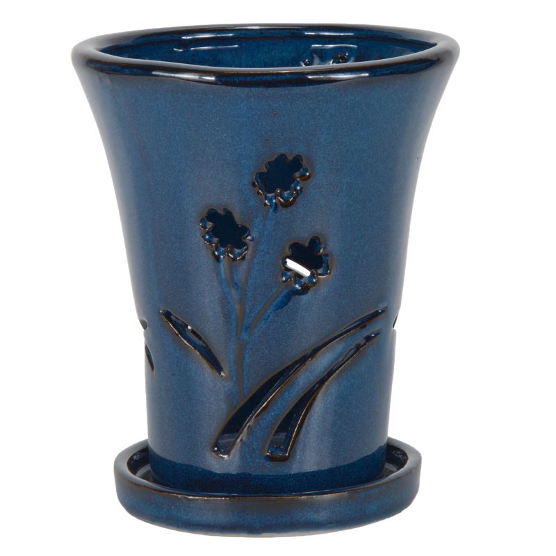 w w W&W Orchid Pot with Holes and Saucer for Repotting, 6 x 7 Inch, Blue - Image 2