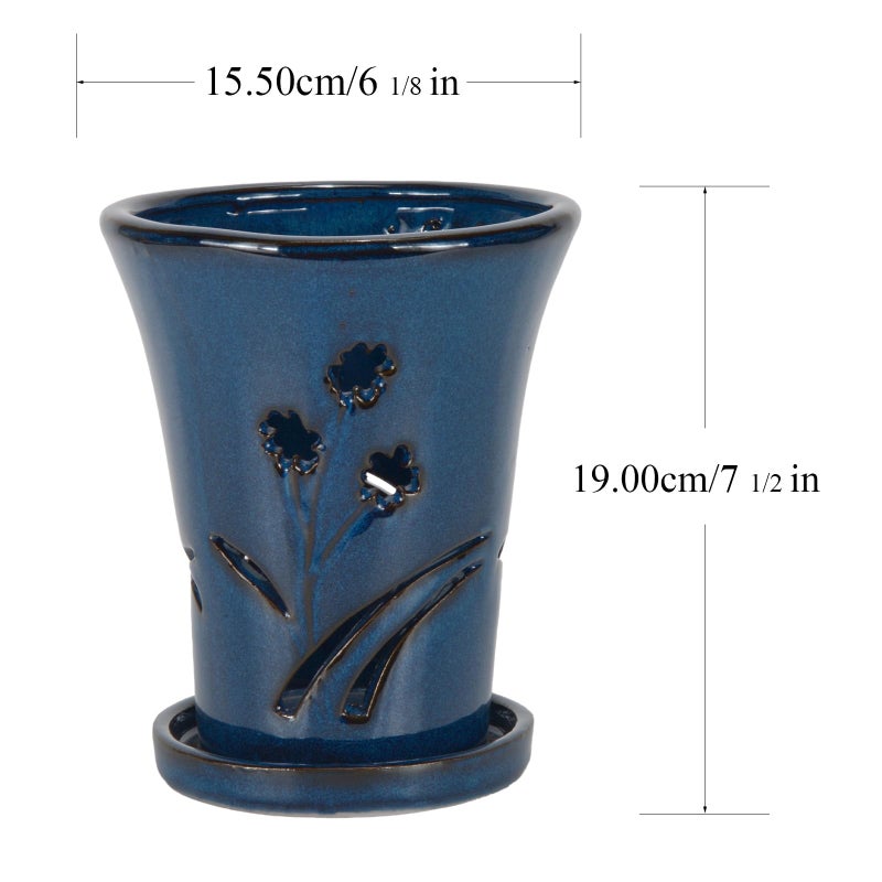 w w W&W Orchid Pot with Holes and Saucer for Repotting, 6 x 7 Inch, Blue - Image 5