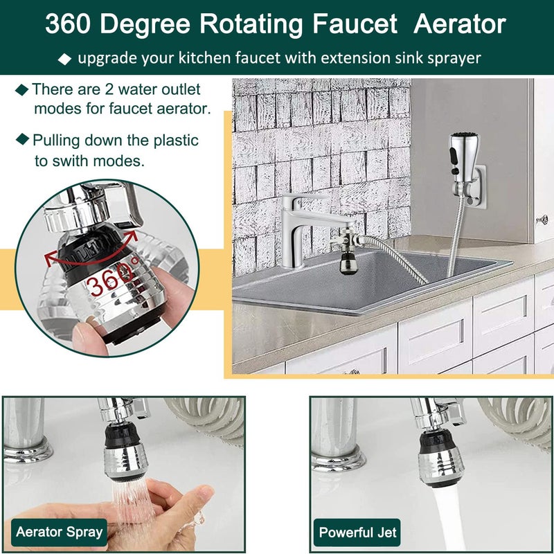 AWXYG Kitchen Faucet Sink Sprayer Attachment Set,3 Modes Sink Sprayer Replacement Head with Stainless Steel Hose,Faucet Aerator and Brass Diverter Valve (5 pcs Adapter) for Washing Fruit,Dishes and Hair1 - Image 3
