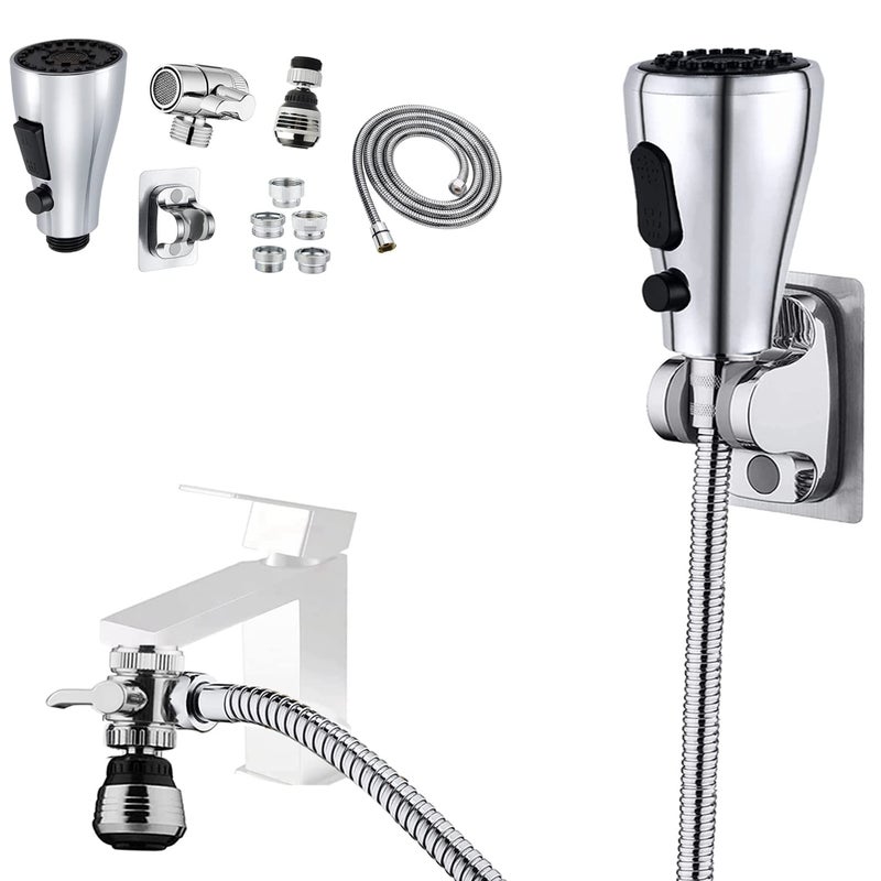 AWXYG Kitchen Faucet Sink Sprayer Attachment Set,3 Modes Sink Sprayer Replacement Head with Stainless Steel Hose,Faucet Aerator and Brass Diverter Valve (5 pcs Adapter) for Washing Fruit,Dishes and Hair1 - Image 1