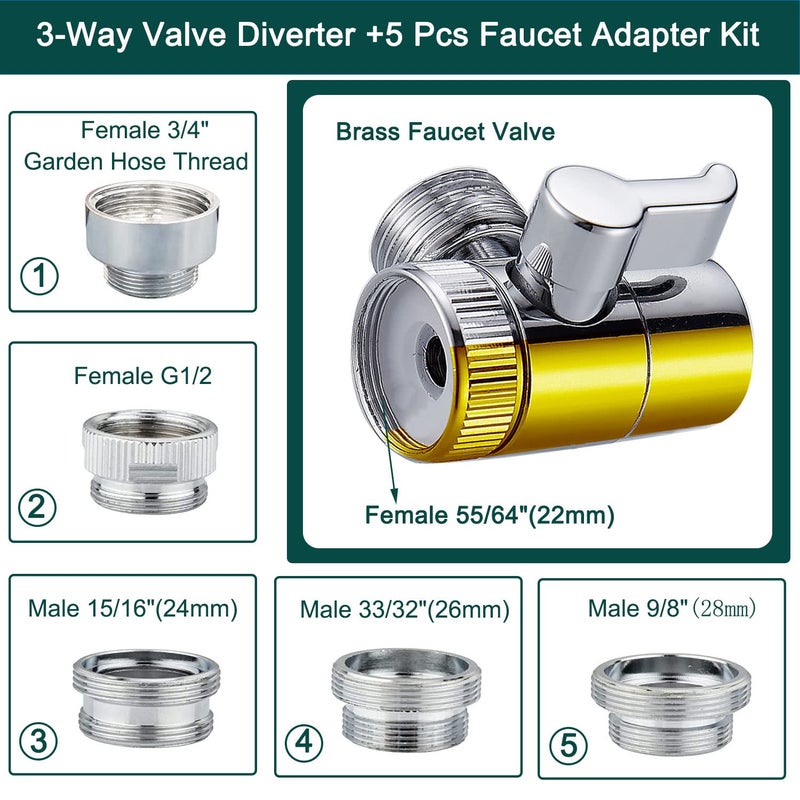 AWXYG Kitchen Faucet Sink Sprayer Attachment Set,3 Modes Sink Sprayer Replacement Head with Stainless Steel Hose,Faucet Aerator and Brass Diverter Valve (5 pcs Adapter) for Washing Fruit,Dishes and Hair1 - Image 4