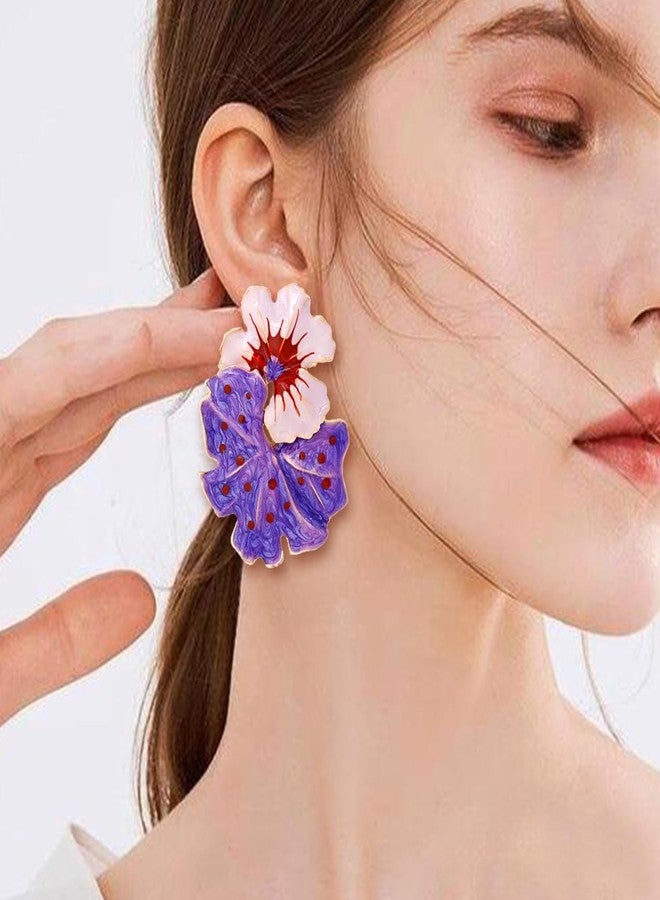 Aksod Large Flower Earrings Studs Dangle Purple Enamel Statement Earrings Big Exaggerated Floral Earrings Jewelry for Women (Purple) - Image 2