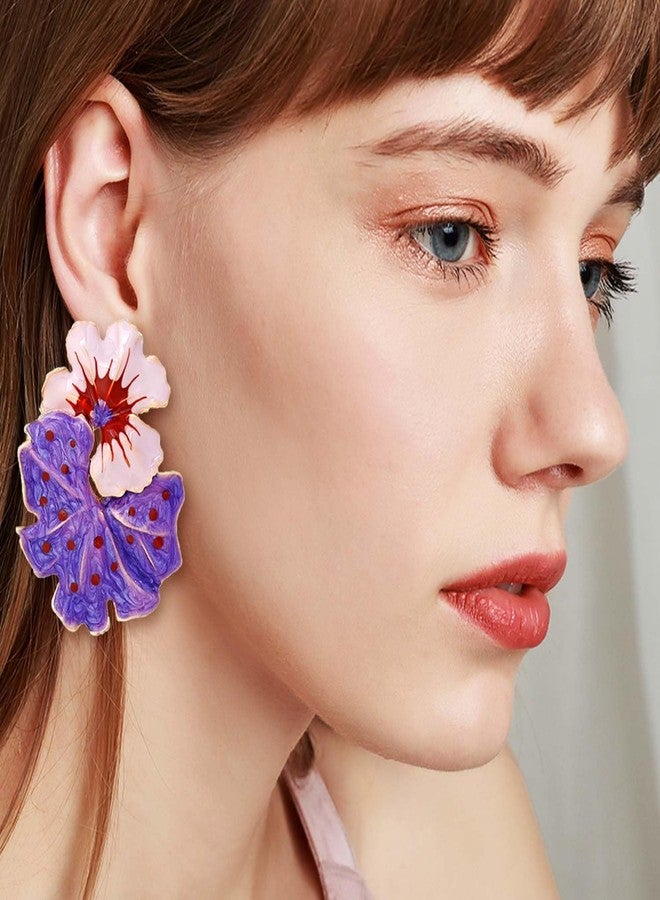 Aksod Large Flower Earrings Studs Dangle Purple Enamel Statement Earrings Big Exaggerated Floral Earrings Jewelry for Women (Purple) - Image 4
