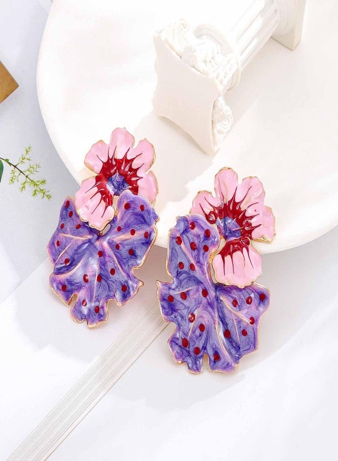 Aksod Large Flower Earrings Studs Dangle Purple Enamel Statement Earrings Big Exaggerated Floral Earrings Jewelry for Women (Purple) - Image 3