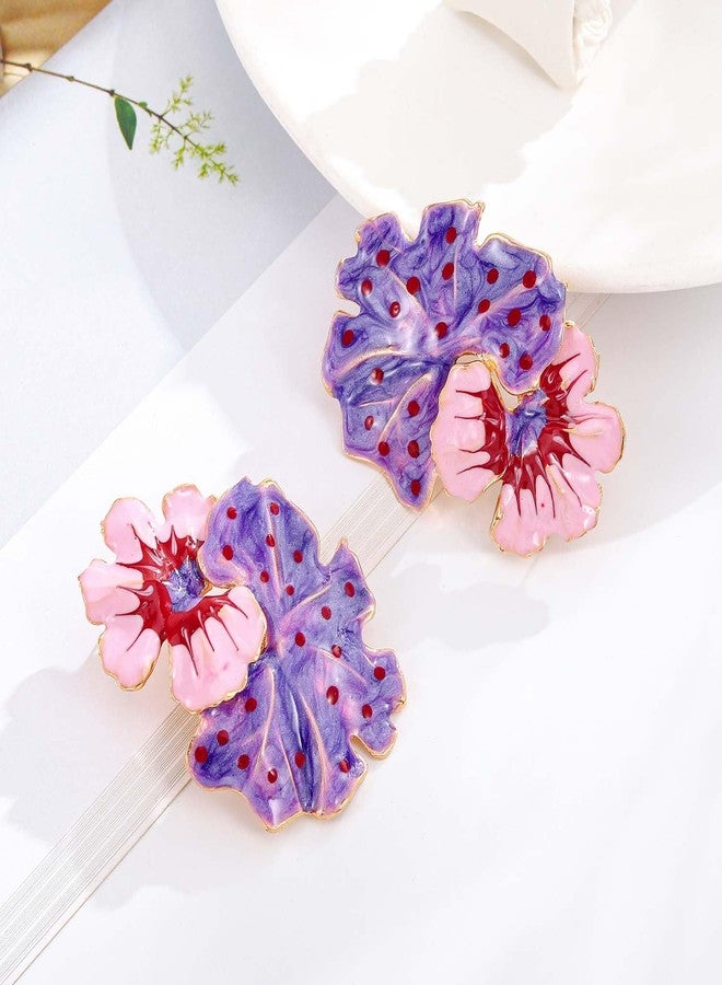 Aksod Large Flower Earrings Studs Dangle Purple Enamel Statement Earrings Big Exaggerated Floral Earrings Jewelry for Women (Purple) - Image 5