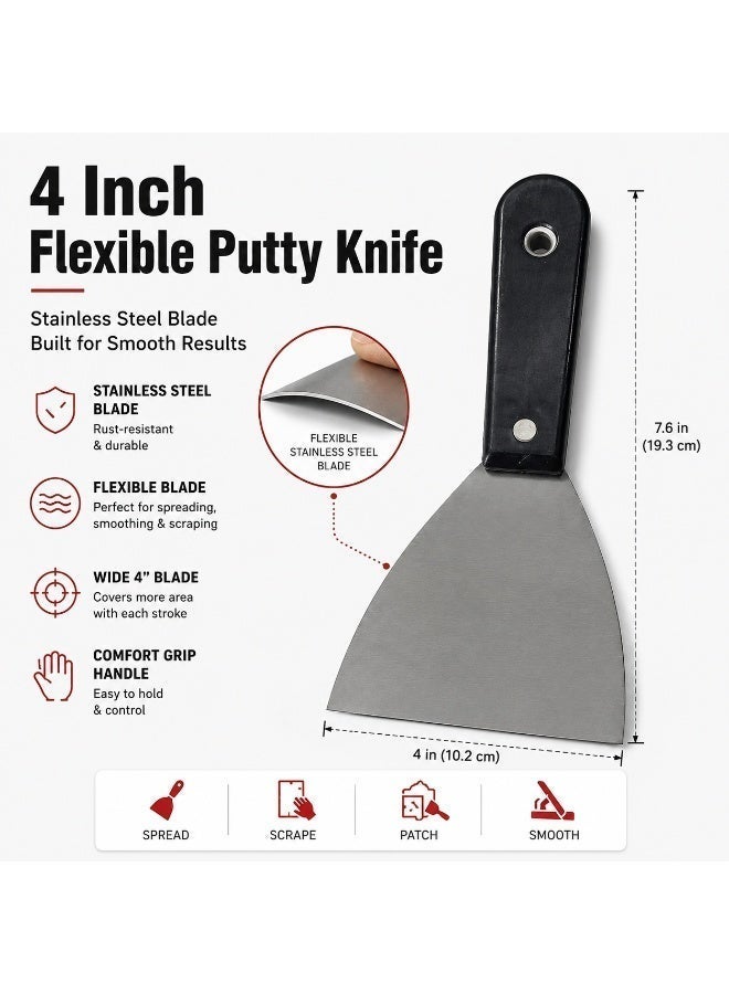 4 Inch Flexible Putty Knife Scraper, 100mm Stainless Steel Wall Scraper With Comfort Grip Handle For Paint Removal, Putty, Filler, Wallpaper & DIY Repair - Image 3