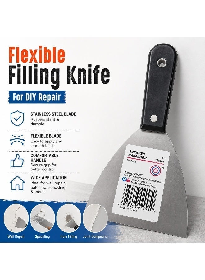 4 Inch Flexible Putty Knife Scraper, 100mm Stainless Steel Wall Scraper With Comfort Grip Handle For Paint Removal, Putty, Filler, Wallpaper & DIY Repair - Image 5