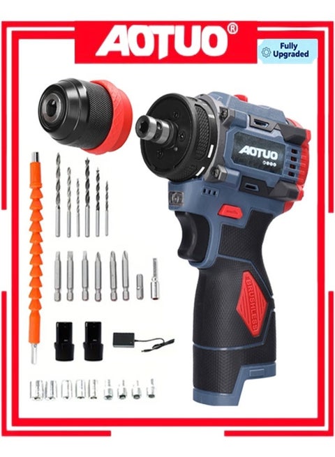 AOTUO Multi-Purpose 18V Cordless Drill Set, 28-Piece Tool Set with Tool Case. This cordless drill set includes a drill, 2 batteries and a charger, as well as an electric screwdriver/drill/driver with 2 speed settings and 21 torque settings. A storage case is included.