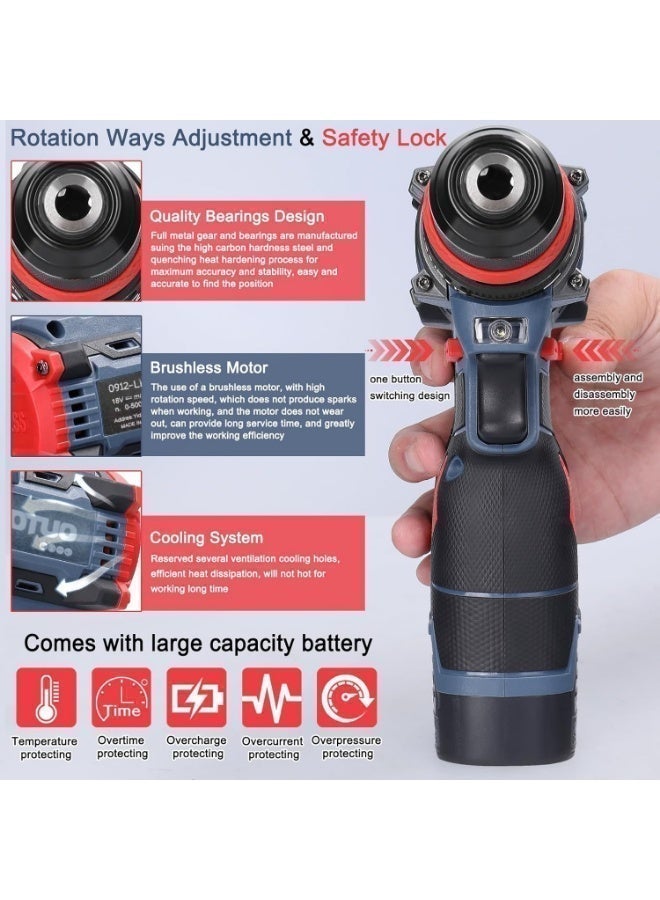 او تو او طقم مثقاب لاسلكي متعدد الأغراض AOTUO بجهد 18 فولت، مكون من 28 قطعة مع حقيبة أدوات. يتضمن هذا الطقم اللاسلكي مثقابًا، وبطاريتين، وشاحنًا، بالإضافة إلى مفك براغي/مثقاب/مفك كهربائي بإعدادين للسرعة و21 إعدادًا لعزم الدوران. كما يتضمن حقيبة تخزين. - Image 5