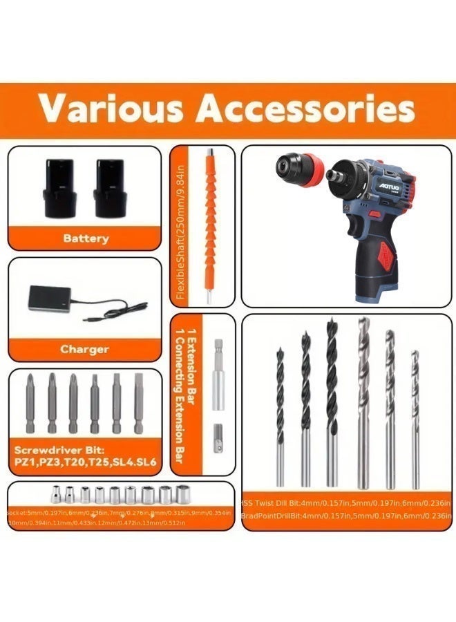 او تو او طقم مثقاب لاسلكي متعدد الأغراض AOTUO بجهد 18 فولت، مكون من 28 قطعة مع حقيبة أدوات. يتضمن هذا الطقم اللاسلكي مثقابًا، وبطاريتين، وشاحنًا، بالإضافة إلى مفك براغي/مثقاب/مفك كهربائي بإعدادين للسرعة و21 إعدادًا لعزم الدوران. كما يتضمن حقيبة تخزين. - Image 2